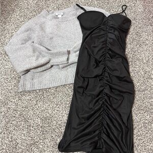 Black Ruched Slip Dress with Supportive Cups and sweater